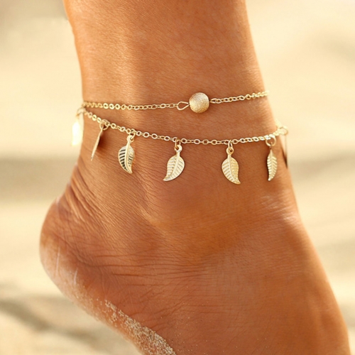 Zoestar Boho Layered Anklets Silver Leaf  Ankle Bracelets Beach Beads Foot Chain Jewelry for Women and Girls