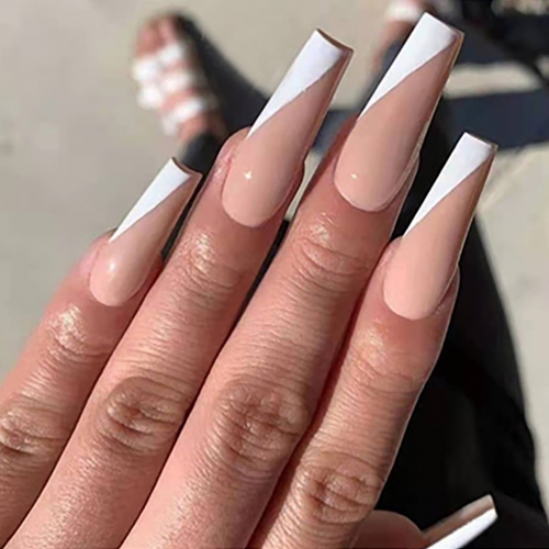 Brishow Coffin False Nails Long Fake Nails Pink White Press on Nails Ballerina Acrylic Stick on Nails Full Cover 24pcs for Women and Girls