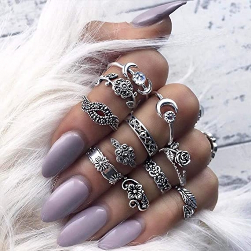 Edary Boho Hollwo Flowers Knuckle Ring with Totem Silver Joint Knuckle Mids Rings Set for Women and Girls (11PCS)