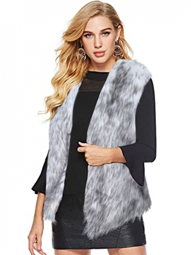 Aukmla Women's Faux Fur Vest Black and White Sleeveless Fur Coat Jacket for Spring Autumn and Winter