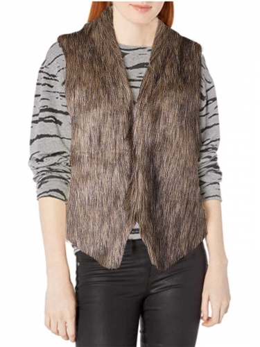 Aukmla Women's Faux Fur Vest Brown Sleeveless Fur Coat Jacket for Spring Autumn and Winter