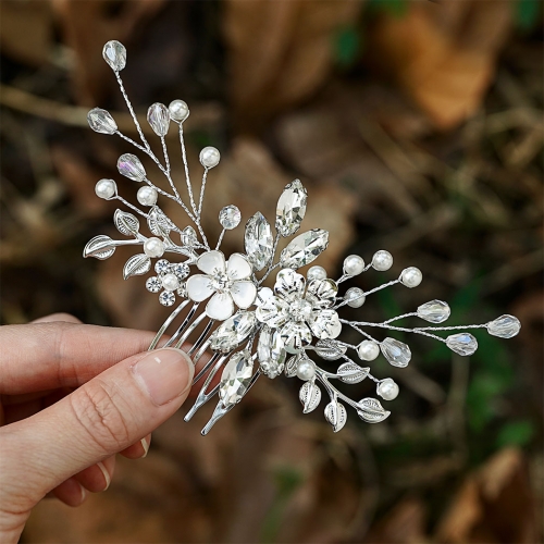 Unicra Flower Bride Wedding Hair Comb Leaf Bridal Hair Pieces Rhinestone Hair Clip Pearl Hair Accessories for Women and Girls