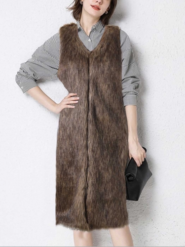 Aukmla Women's Faux Fur Vest Brown Long Sleeveless Fur Coat Jacket for Spring Autumn and Winter