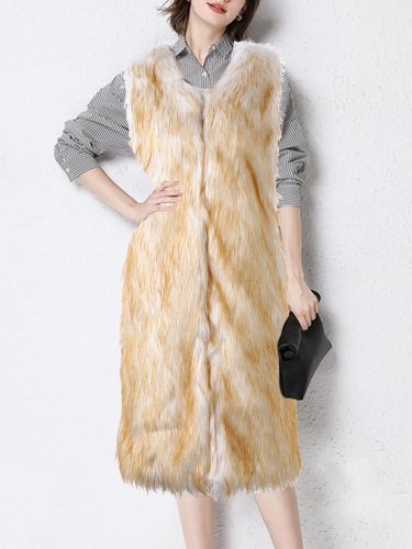 Aukmla Women's Faux Fur Vest Yellow and White Long Sleeveless Fur Coat Jacket for Spring Autumn and Winter