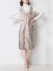Aukmla Women's Faux Fur Vest Brown and White Long Sleeveless Fur Coat Jacket for Spring Autumn and Winter