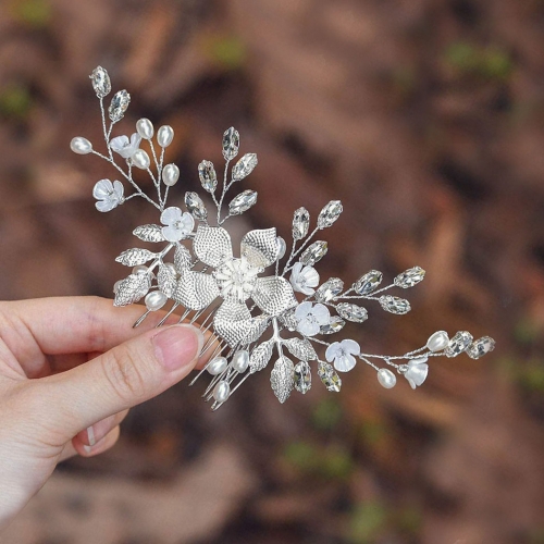 Unicra Flower Bride Wedding Hair Comb Silver Leaf Bridal Hair Pieces Rhinestone Hair Clip Pearl Hair Accessories for Women and Girls