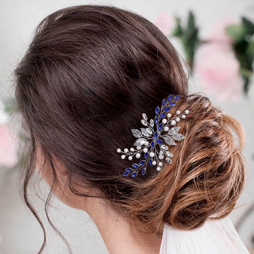 Unicra Rhinestone Bride Wedding Hair Comb Silver Leaf Bridal Hair Pieces Pearl Headpieces Blue Crystal Hair Accessories for Women and Girls