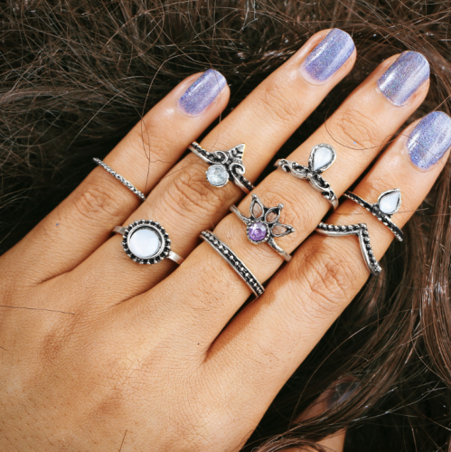 Edary Boho Ring Set Vintage Silver Rhinestone Opal Joint Knuckle Rings Hand Jewelry Accessories for Women and Girls(8PCS)