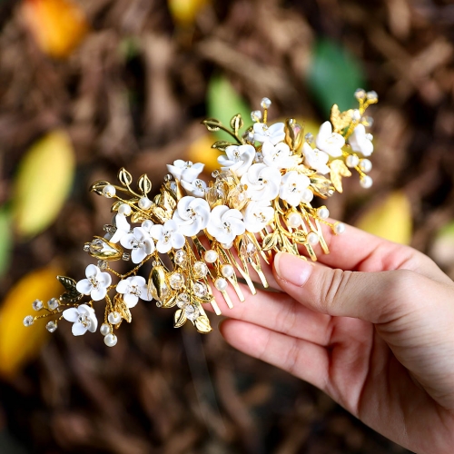 Unicra Flower Bride Wedding Hair Comb Gold Leaf Hair Pieces Pearl Hair Clip Rhinestone Bridal Hair Accessories for Women and Girls