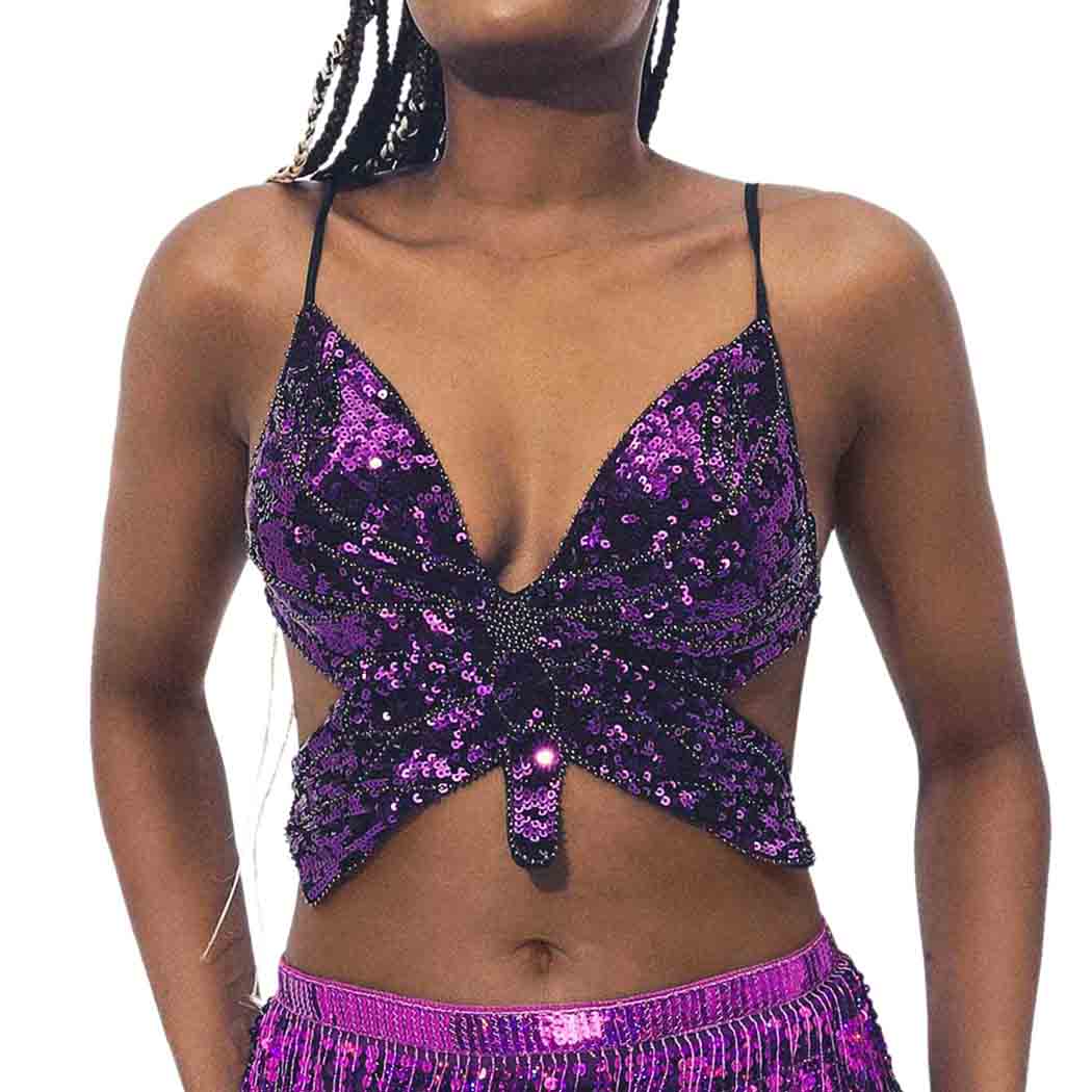 Choomomo Women Belly Dance Costume Crop Top with Sequins Beads Butterfly Straps Top Halter Tube Top