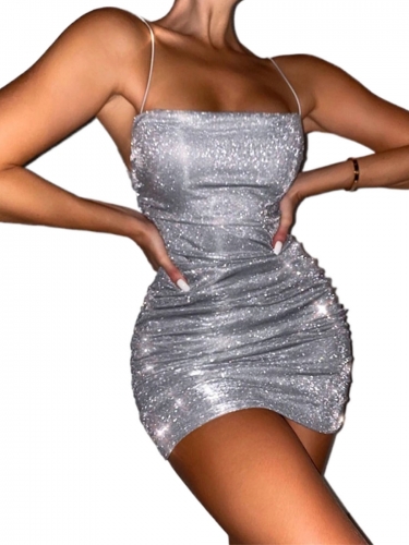 paghetti Strap Ruched Mini Dress Glitter Bodycon Dress Club Sparky Cami Dress Sexy Hip Skirt Party Outfit for Women