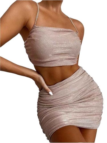 2 Pieces Ruched Mini Dress Rhinestone Strap Sexy Tank Glitter Bodycon Dress Cami Dress Party Outfit Clubwear for Women