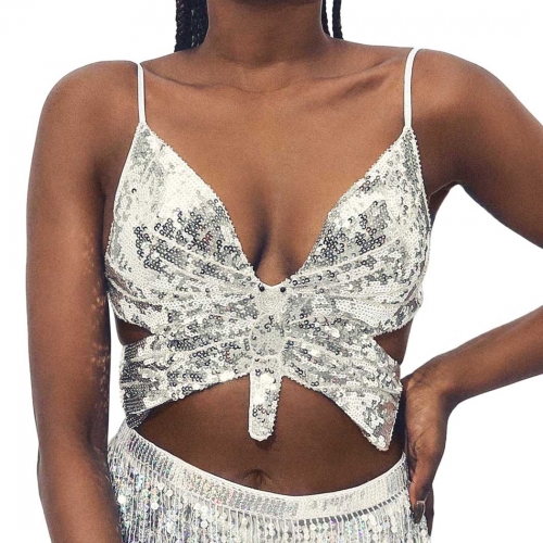 Victray Butterfly Sequin Crop Top Belly Dance Halter Bra Tank Top Sleeveless Tube Top for Women and Girls