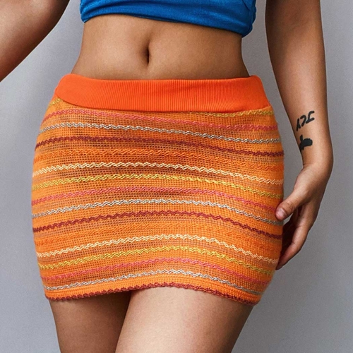 Women's High Waist Bodycon Skirt Stretchy Ribbed Knit Mini Skirts Short Pencil Skirt Striped Slim Hip Skirts