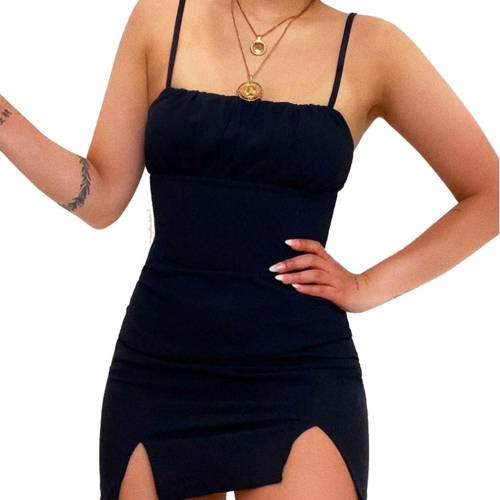 Spaghetti Strap Dress Solid Bodycon Dresses Party Split Mini Dress Sleeveless Dress Nightclub Short Dresses for Women and Girls