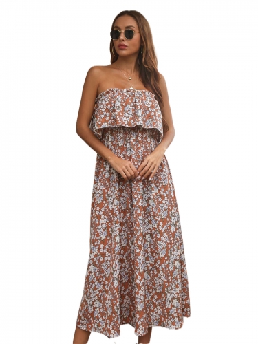 Boho Floral Print Dress Ruffle Off Shoulder Dresses Strapless Elastic Waist Beach Maxi Dress for Women and Girls