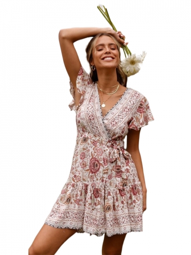 Bohemian Dress Chiffon Floral Printed Dresses Short Sleeve V Neck Beach Tie Waist A line Skirt for Women and Girls