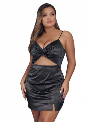 Plus Size Spaghetti Strap Satin Dress Ruched Deep V Bodycon Dress Cocktail Cut out Sexy Mini Dress Sleeveless Evening Party Dress