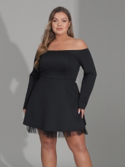Womens Plus Size Long Sleeve Dress Black Stretchy Casual Dress Loose Lace Maxi Dress Solid Midi Dresses  for Women and Girls