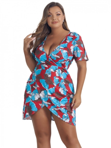 Womens Floral Printed Dress Plus Size V Neck High Waist Casual Dresses Boho Short Sleeve Beach Dress