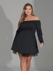 Womens Plus Size Long Sleeve Dress Black Stretchy Casual Dress Loose Lace Maxi Dress Solid Midi Dresses  for Women and Girls