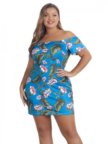 Womens Floral Printed Dress Plus Size Off Shoulder High Waist Casual Dresses Boho Short Sleeve Beach Dress