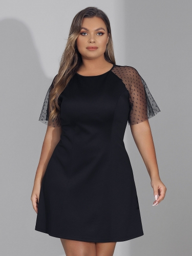 Women's Sexy Plus Size Dress Black See-Through Mesh Short Sleeve Zipper Mini Dresses for Cocktail Evening Party