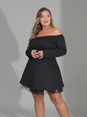 Womens Plus Size Long Sleeve Dress Black Stretchy Casual Dress Loose Lace Maxi Dress Solid Midi Dresses  for Women and Girls