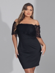 Women's Sexy Plus Size Dress Black One Shoulder Lace Zipper Mini Bodycon Dresses for Cocktail Evening Party