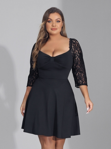 Women's Sexy Plus Size Dress Black Lace 3/4 Sleeve Backless Zipper Mini Dresses for Cocktail Evening Party