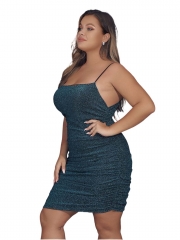 Plus Size Spaghetti Strap Bodycon Dress Ruched Backless Wrap Dress Cocktail Sexy Glitter Midi Dress Party Elastic Clubwear for Women