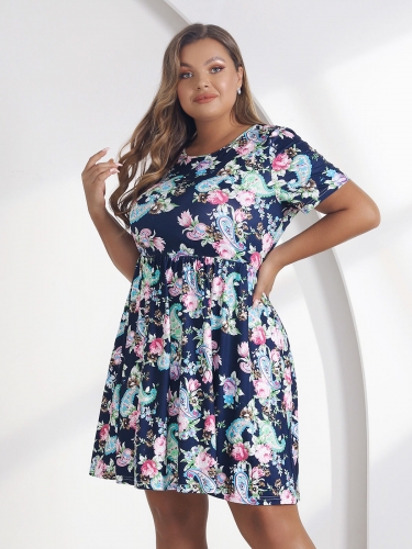 Women's Plus Size Floral Print Dress Short Sleeve A Line Dresses Crew Neck Mini Dress Casual Prom Dresses