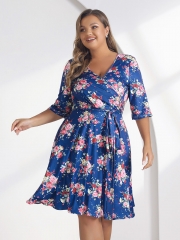 Women's Plus Size Floral Print Dress Half Sleeve V Neck Dress High Waist Midi Dress Casual Prom Dresses