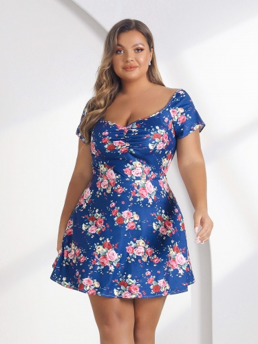 Women's Plus Size Floral Print Dress Short Sleeve Crew Neck Dresses High Waist Mini Dress Casual Prom Dresses