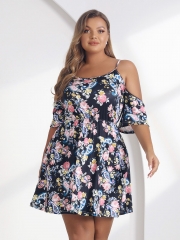 Women's Plus Size Floral Print Dress Spaghetti Strap Cold Shoulder Dress High Waist Mini Dress Casual Prom Dresses