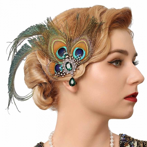 Vintage 1920s Gatsby Headpiece Peacock Feather Hair Clip Crystal Cocktail Head Accessories for Women and Girls