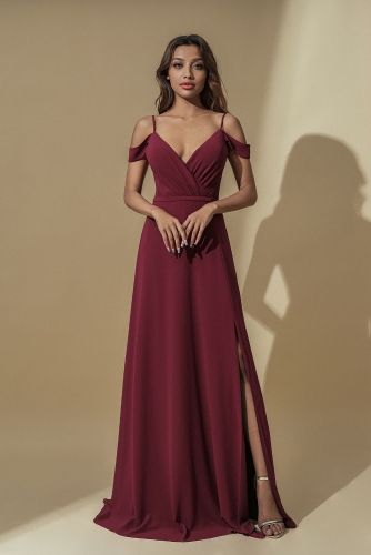 Women's V Neck Off Shoulder Bride Dresses Long Chiffon Evening Dress Wedding Slit Pleated Gowns Prom Ball Cocktail Party for Ladies