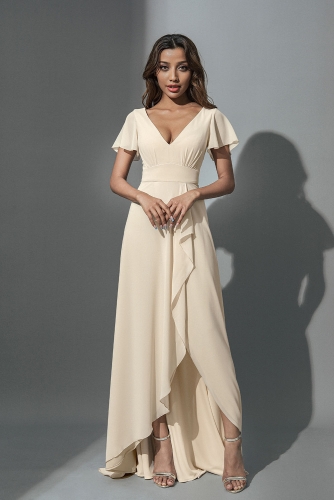 Champagne Bride V Neck Dresses Ruffle Chiffon Evening Dress Long Wedding Slit Prom Gowns Cocktail Party for Ladies and Bridesmaid