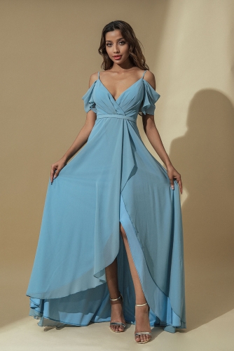 Blue Off Shoulder Bride Dresses V Neck Chiffon Evening Dress Wedding Ruffle Slit Prom Gowns Cocktail Party for Womens