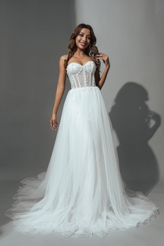 Bridal Sweetheart Wedding Dresses Long Appliques Lace Tulle Evening Dress Sexy Prom Party Wedding Ball Gowns for Bride