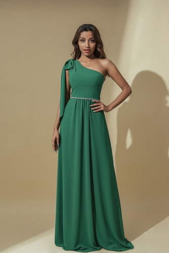 Green One Shoulder Evening Dress Bow Bride Gowns Wedding Chiffon Prom Ball Dresses Cocktail Party for Womens