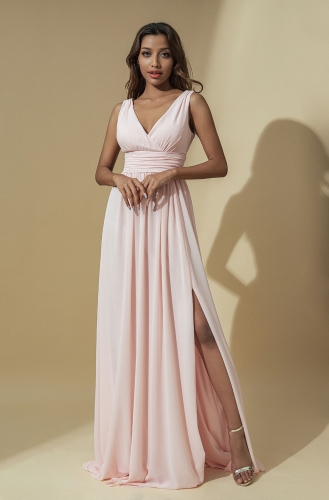 Pink Slit Bridesmaid Dresses Wedding Chiffon Evening Dress V Neck Backless Prom Formal Gowns Cocktail Party for Womens