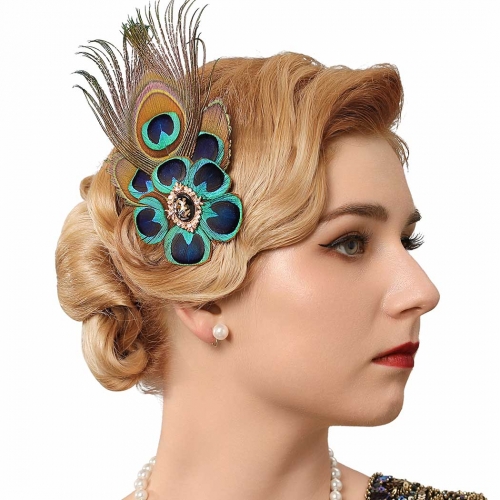 GENBREE Vintage 1920s Gatsby Headpiece Peacock Feather Hair Clip Crystal Cocktail Head Accessories for Women and Girls