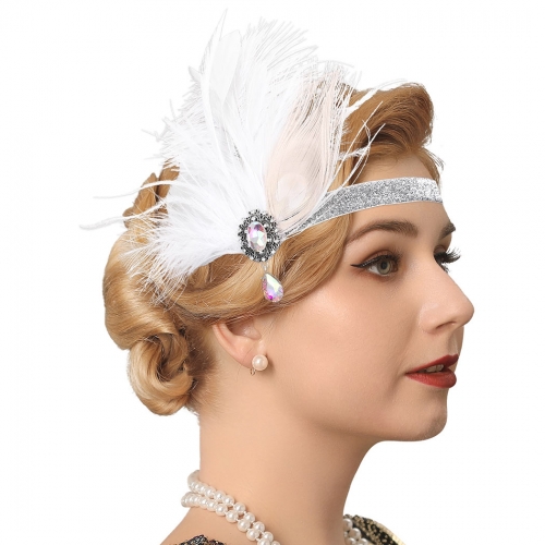 GENBREE 1920s Flapper Headpiece White Feather Headband Crystal Gatsby Feather Headpieces Cocktail Head Accessories for Women