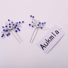 Aukmla Bridal Wedding Hair Pins Flower Blue Hair Piece Pearl Bride Hair Accessories for Women(Pack of 2)