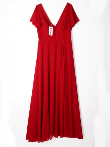 Aukmla Women's Red Bridesmaid Wedding Guest Dress V Neck Short Sleeve Evening Maxi Dresses High Waist Slit Long Gown