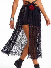 Aukmla Women Black Lace Long Sheer Skirt Halloween Costume Maxi Skirts See through Festival Gothic Costume Bottoms Wrap-Arounds,Skirts Prom Evening Be