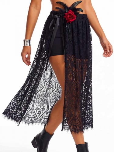 Aukmla Women Black Lace Long Sheer Skirt Halloween Costume Maxi Skirts See through Festival Gothic Costume Bottoms Wrap-Arounds,Skirts Prom Evening Be