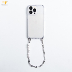 Personalized white fashion smart phone metal pad neck beaded chain charm wrist strap universal phone lanyard crossbody