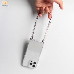 Personalized white fashion smart phone metal pad neck beaded chain charm wrist strap universal phone lanyard crossbody